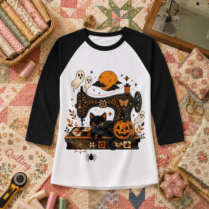 Black Cat Sewing Machine Moonlight Halloween Raglan Sleeve - Black