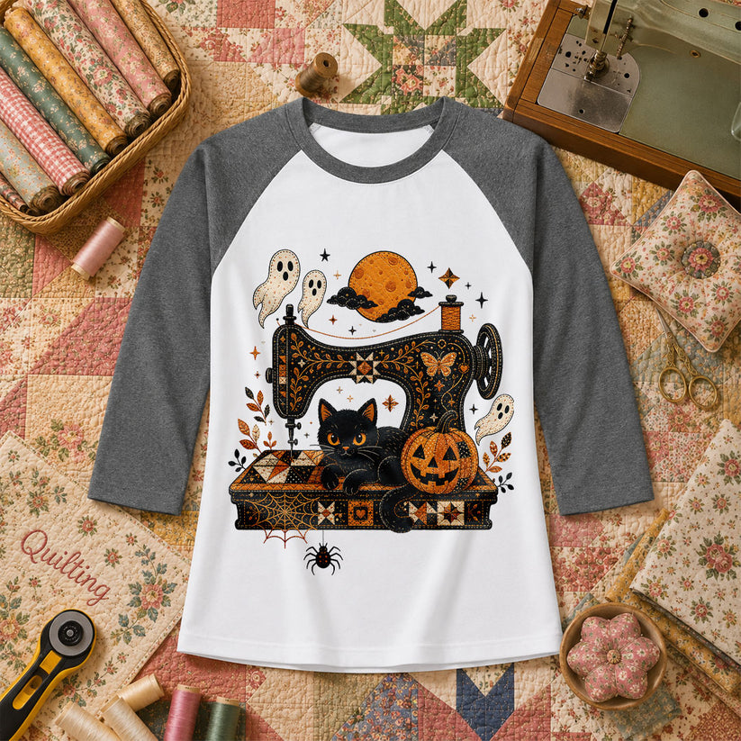 Black Cat Sewing Machine Moonlight Halloween Raglan Sleeve - Deep Heather