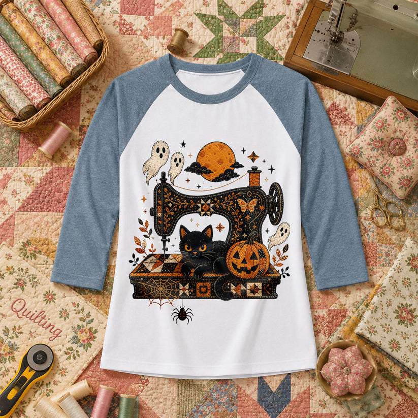 Black Cat Sewing Machine Moonlight Halloween Raglan Sleeve - Denim