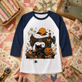 Black Cat Sewing Machine Moonlight Halloween Raglan Sleeve