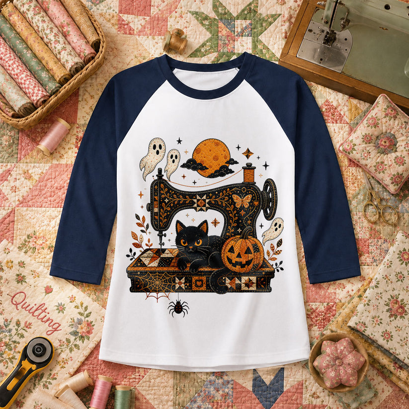 Black Cat Sewing Machine Moonlight Halloween Raglan Sleeve - Navy