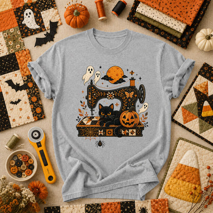 Black Cat Sewing Machine Moonlight Halloween T-Shirt - Athletic Heather