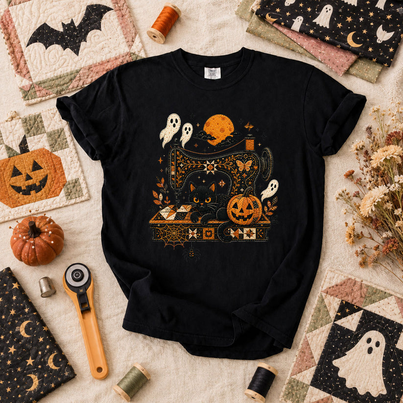 Black Cat Sewing Machine Moonlight Halloween T-Shirt - Black
