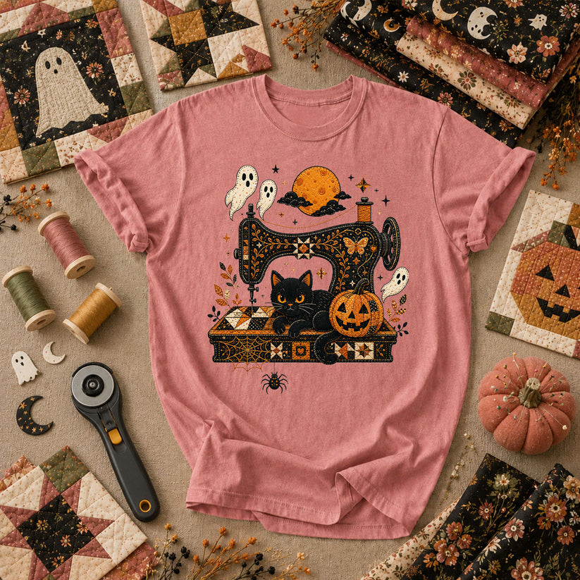 Black Cat Sewing Machine Moonlight Halloween T-Shirt - Heather Mauve