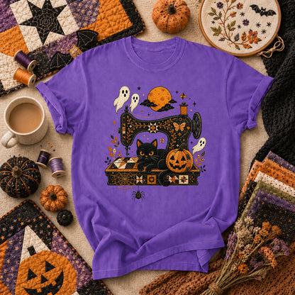 Black Cat Sewing Machine Moonlight Halloween T-Shirt - Heather Team Purple