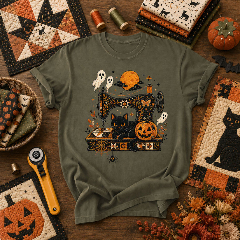 Black Cat Sewing Machine Moonlight Halloween T-Shirt - Military Green