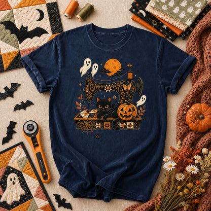 Black Cat Sewing Machine Moonlight Halloween T-Shirt - Navy