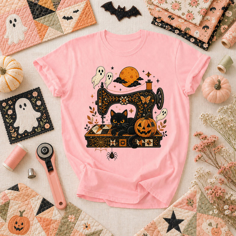 Black Cat Sewing Machine Moonlight Halloween T-Shirt - Pink