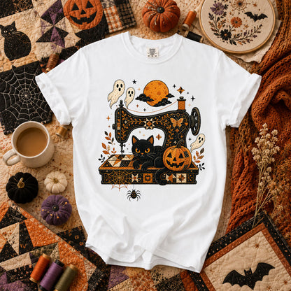 Black Cat Sewing Machine Moonlight Halloween T-Shirt - White