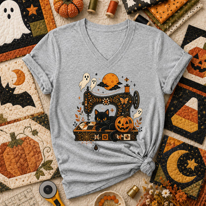Black Cat Sewing Machine Moonlight Halloween Women's V-Neck - Athletic Heather