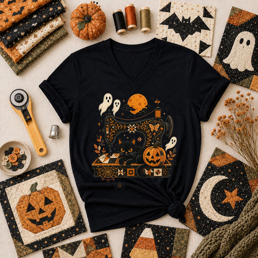 Black Cat Sewing Machine Moonlight Halloween Women's V-Neck - Black
