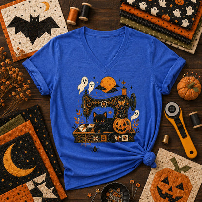Black Cat Sewing Machine Moonlight Halloween Women's V-Neck - Heather True Royal