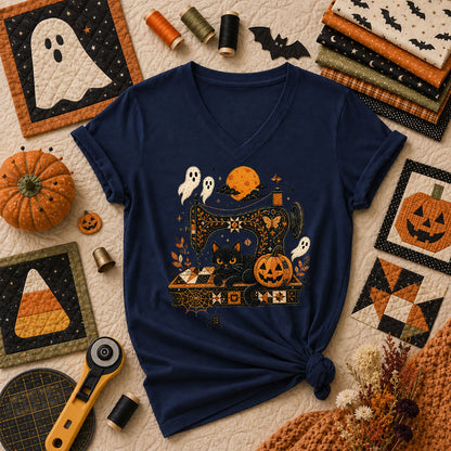 Black Cat Sewing Machine Moonlight Halloween Women's V-Neck - Navy