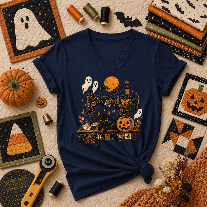 Black Cat Sewing Machine Moonlight Halloween Women's V-Neck - Navy