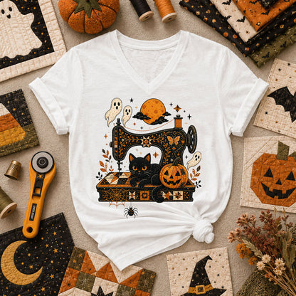 Black Cat Sewing Machine Moonlight Halloween Women's V-Neck - White