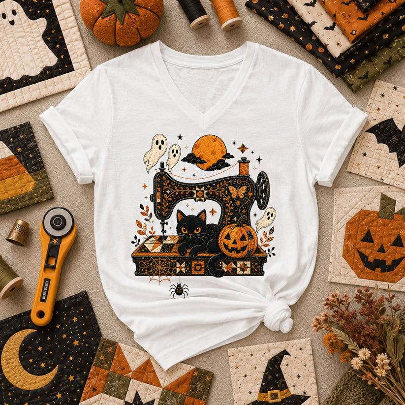 Black Cat Sewing Machine Moonlight Halloween Women's V-Neck - White