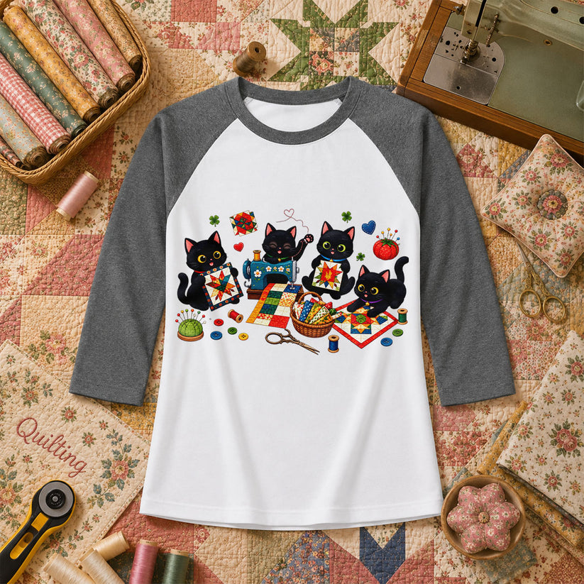 Black Cats Quilting Circle Sewing Machine Raglan Sleeve - Deep Heather