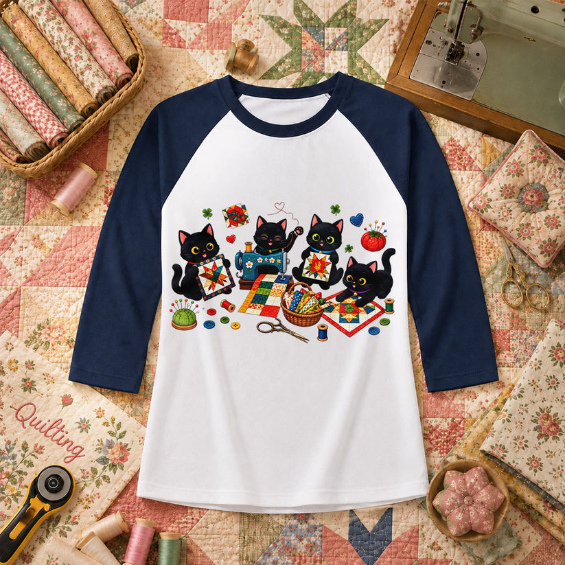 Black Cats Quilting Circle Sewing Machine Raglan Sleeve - Navy