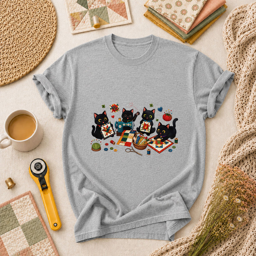 Black Cats Quilting Circle Sewing Machine T-Shirt - Athletic Heather