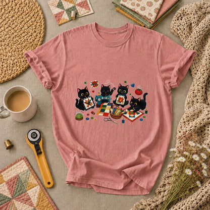 Black Cats Quilting Circle Sewing Machine T-Shirt - Heather Mauve