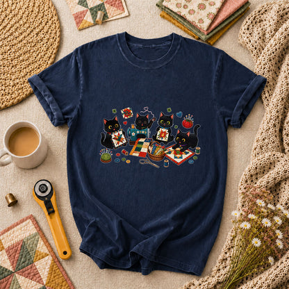 Black Cats Quilting Circle Sewing Machine T-Shirt - Navy