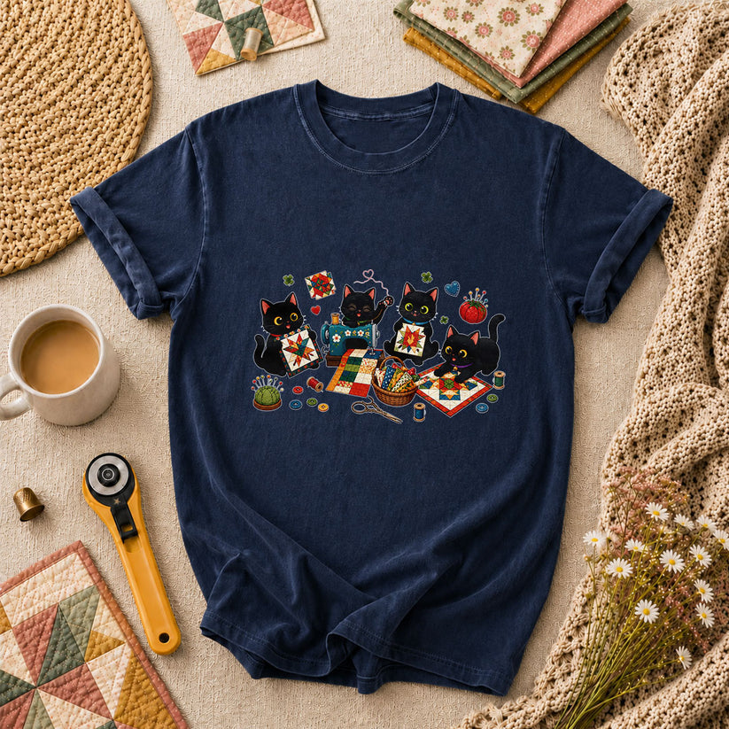 Black Cats Quilting Circle Sewing Machine T-Shirt - Navy