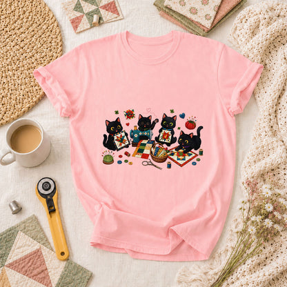 Black Cats Quilting Circle Sewing Machine T-Shirt - Pink