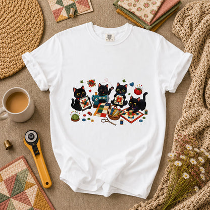 Black Cats Quilting Circle Sewing Machine T-Shirt - White