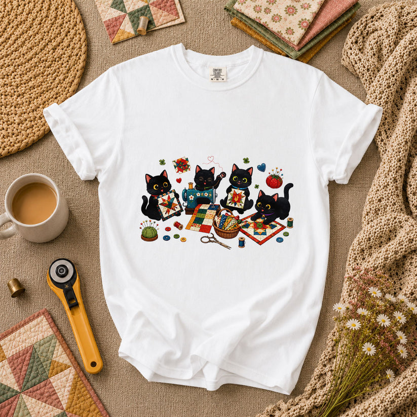 Black Cats Quilting Circle Sewing Machine T-Shirt - White