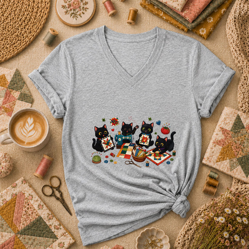 Black Cats Quilting Circle Sewing Machine Women's V-Neck - Athletic Heather
