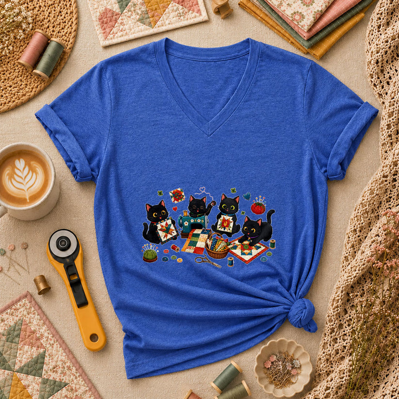 Black Cats Quilting Circle Sewing Machine Women's V-Neck - Heather True Royal