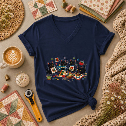 Black Cats Quilting Circle Sewing Machine Women's V-Neck - Navy