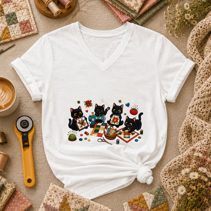 Black Cats Quilting Circle Sewing Machine Women's V-Neck - White