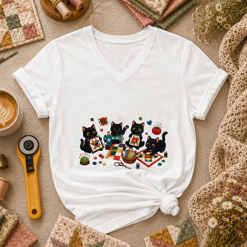 Black Cats Quilting Circle Sewing Machine Women's V-Neck - White