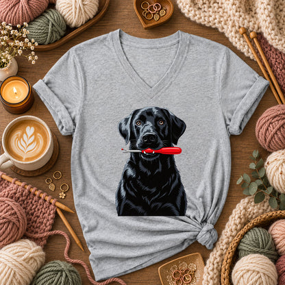 Black Lab With Seam Ripper Women's V-Neck - Athletic Heather