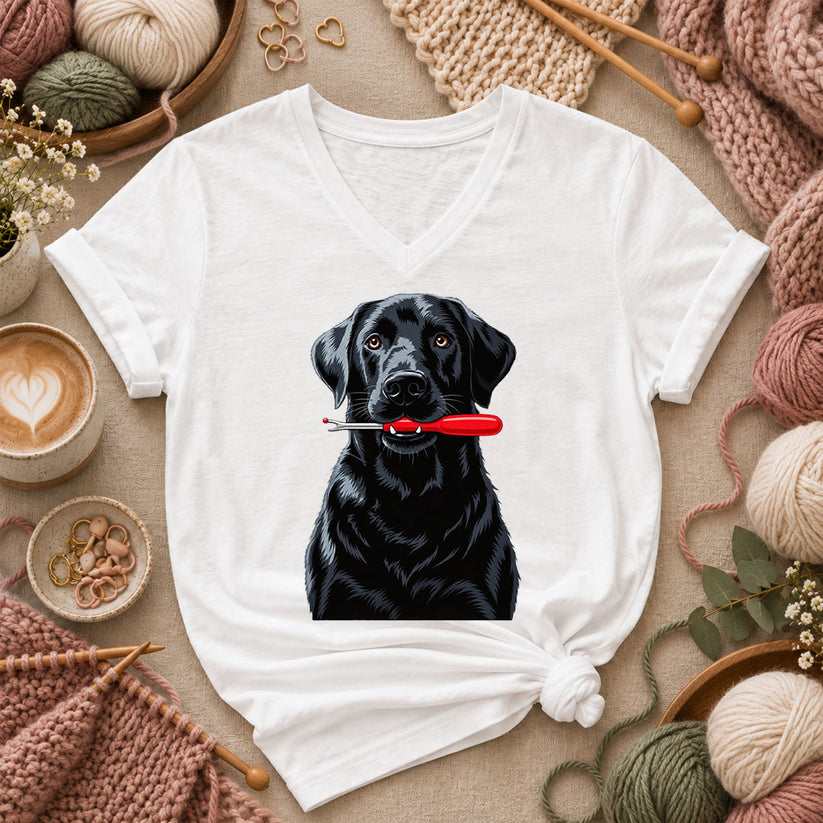 Black Lab With Seam Ripper Women's V-Neck - White