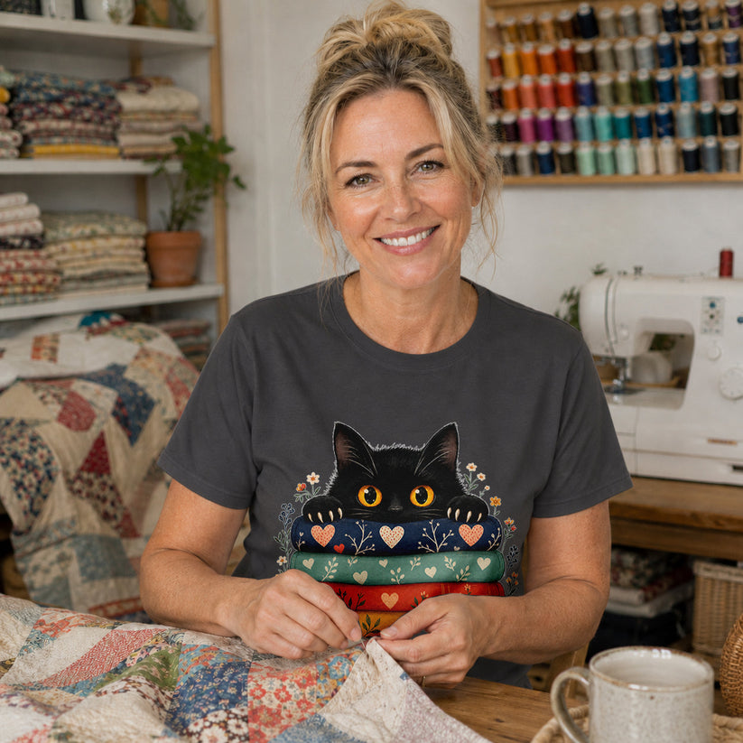 Black Cat Quilt Stack T-shirt