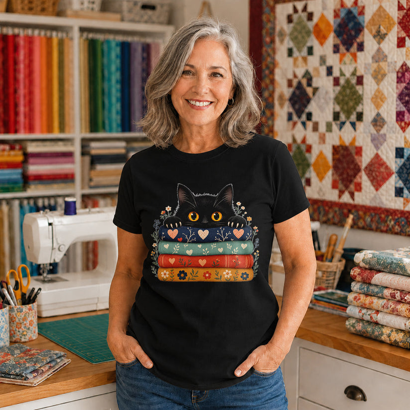 Black Cat Quilt Stack T-shirt