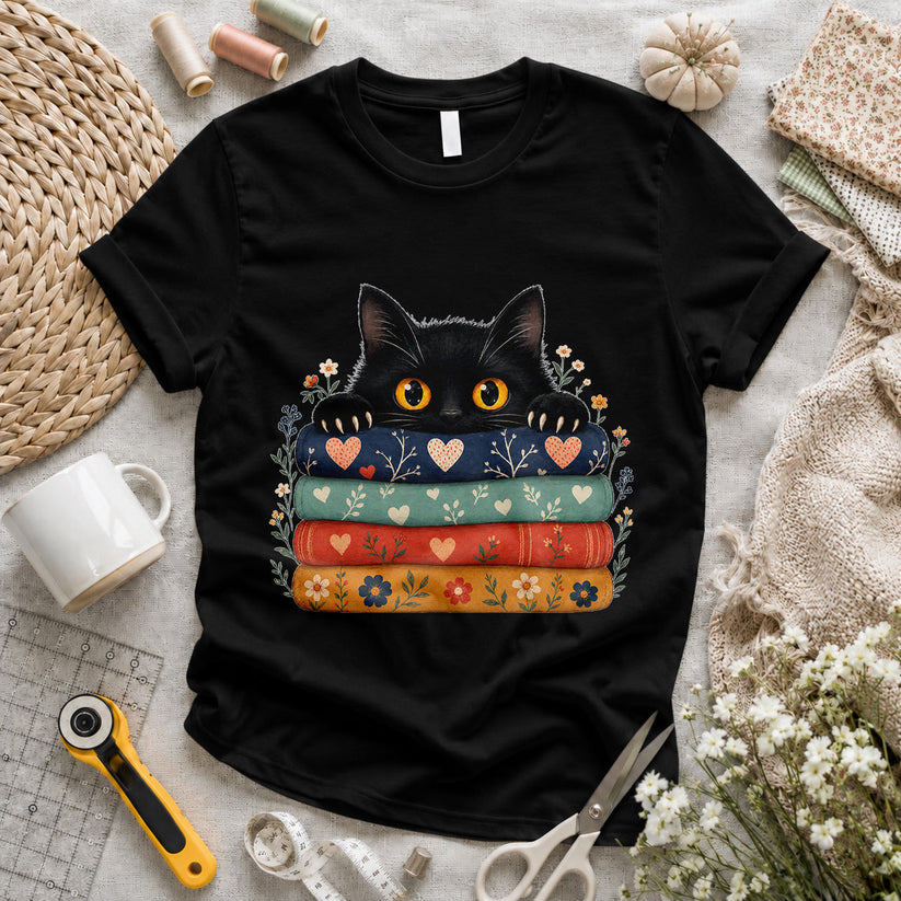 Black Cat Quilt Stack T-shirt