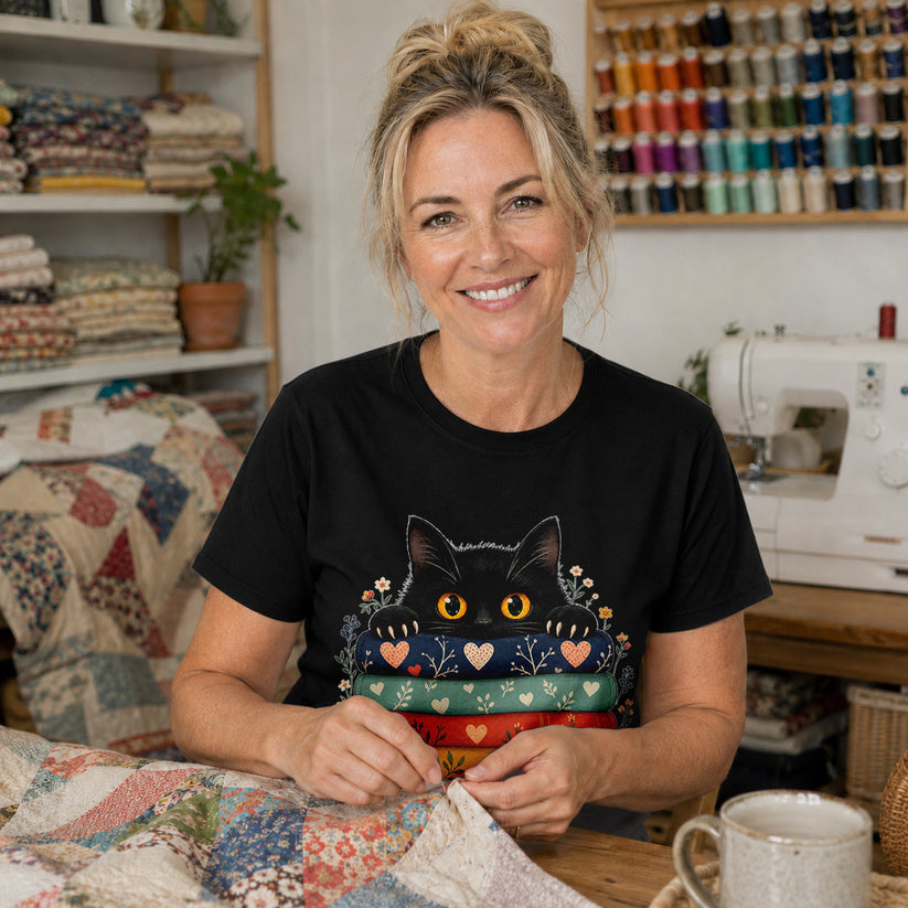Black Cat Quilt Stack T-shirt