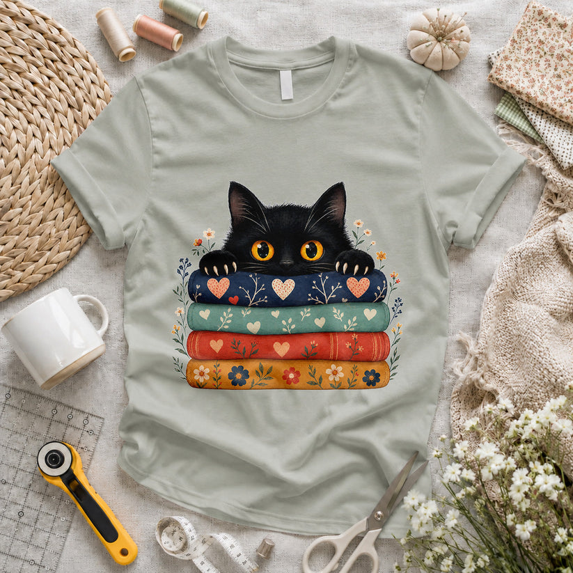 Black Cat Quilt Stack T-shirt