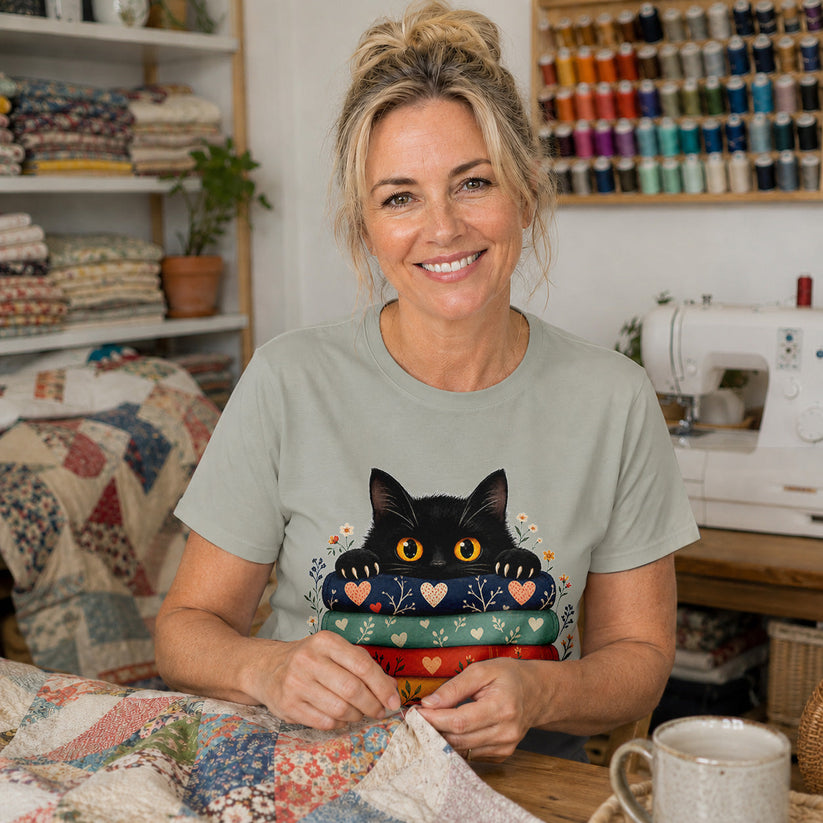 Black Cat Quilt Stack T-shirt