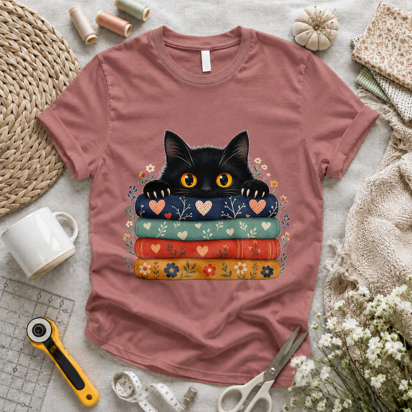 Black Cat Quilt Stack T-shirt