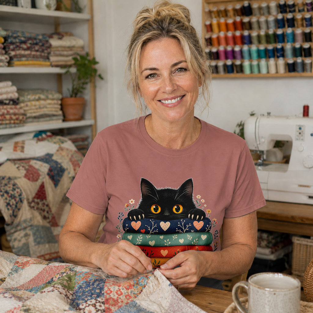 Black Cat Quilt Stack T-shirt