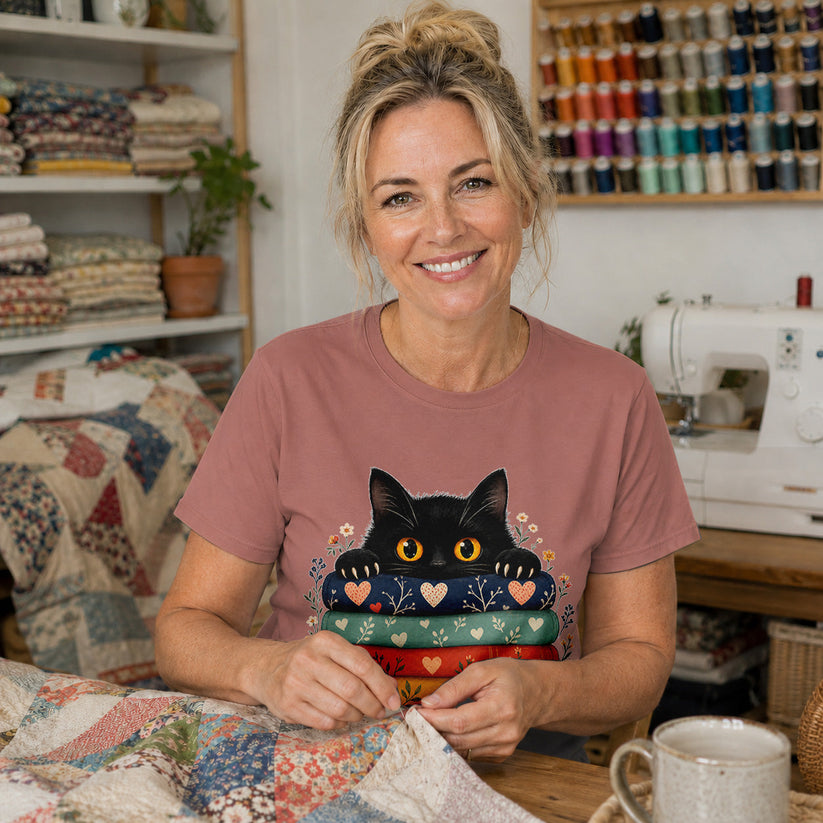 Black Cat Quilt Stack T-shirt