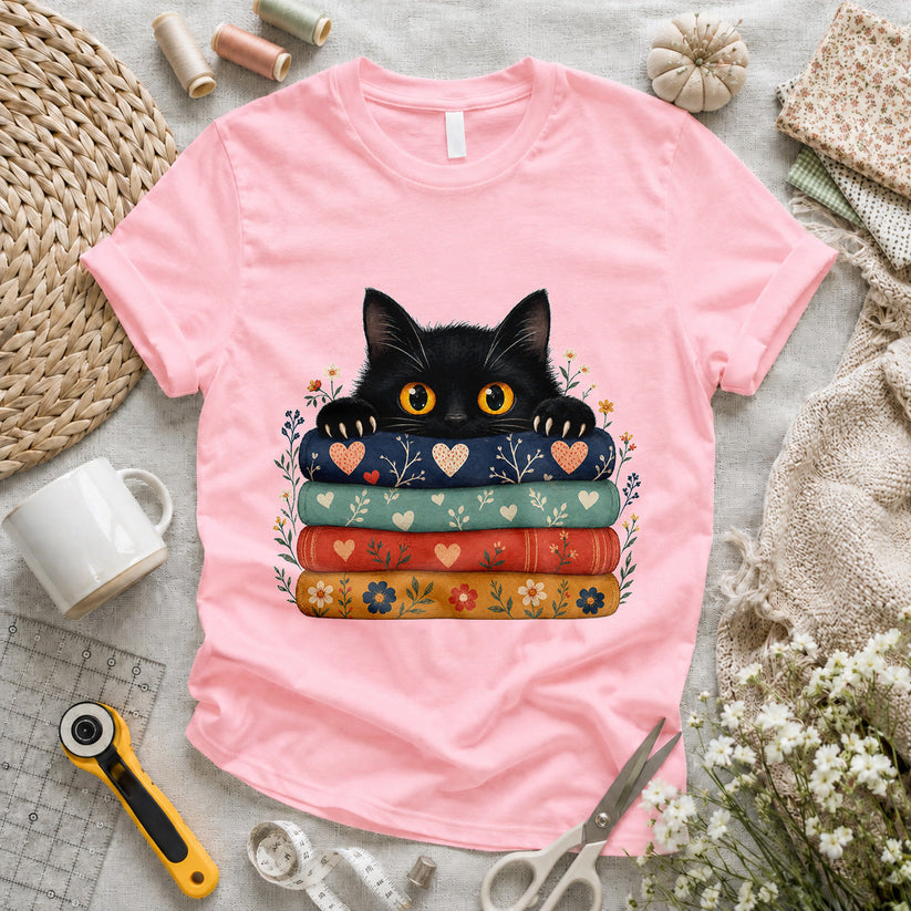 Black Cat Quilt Stack T-shirt