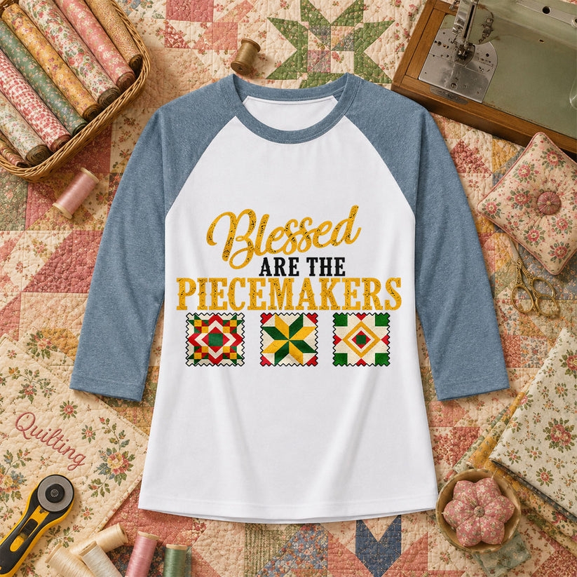 Blessed Are The Piecemakers Cross Christian Raglan Sleeve - Denim