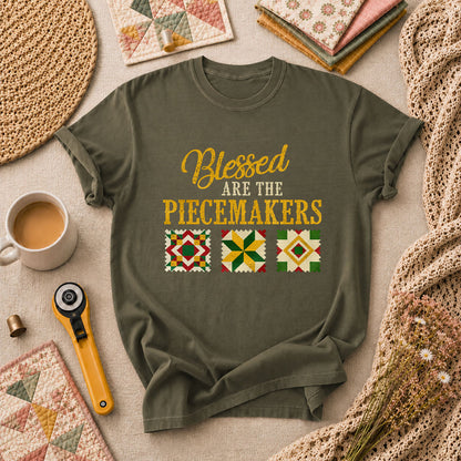 Blessed Are The Piecemakers Cross Christian T-Shirt - Military Green