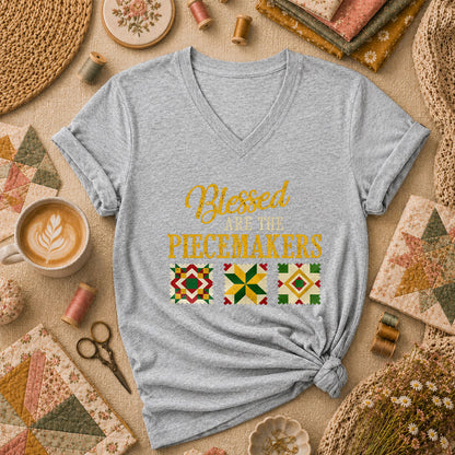 Blessed Are The Piecemakers Cross Christian Women's V-Neck - Athletic Heather