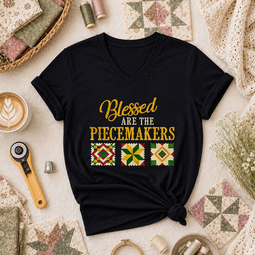Blessed Are The Piecemakers Cross Christian Women's V-Neck - Black
